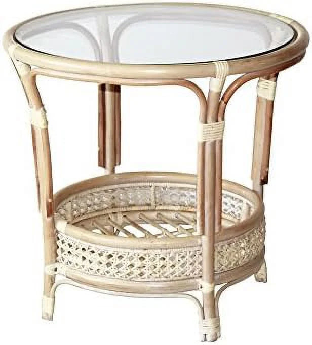Natural Rattan Round Coffee Table with Glass Top Dark Brown I404140