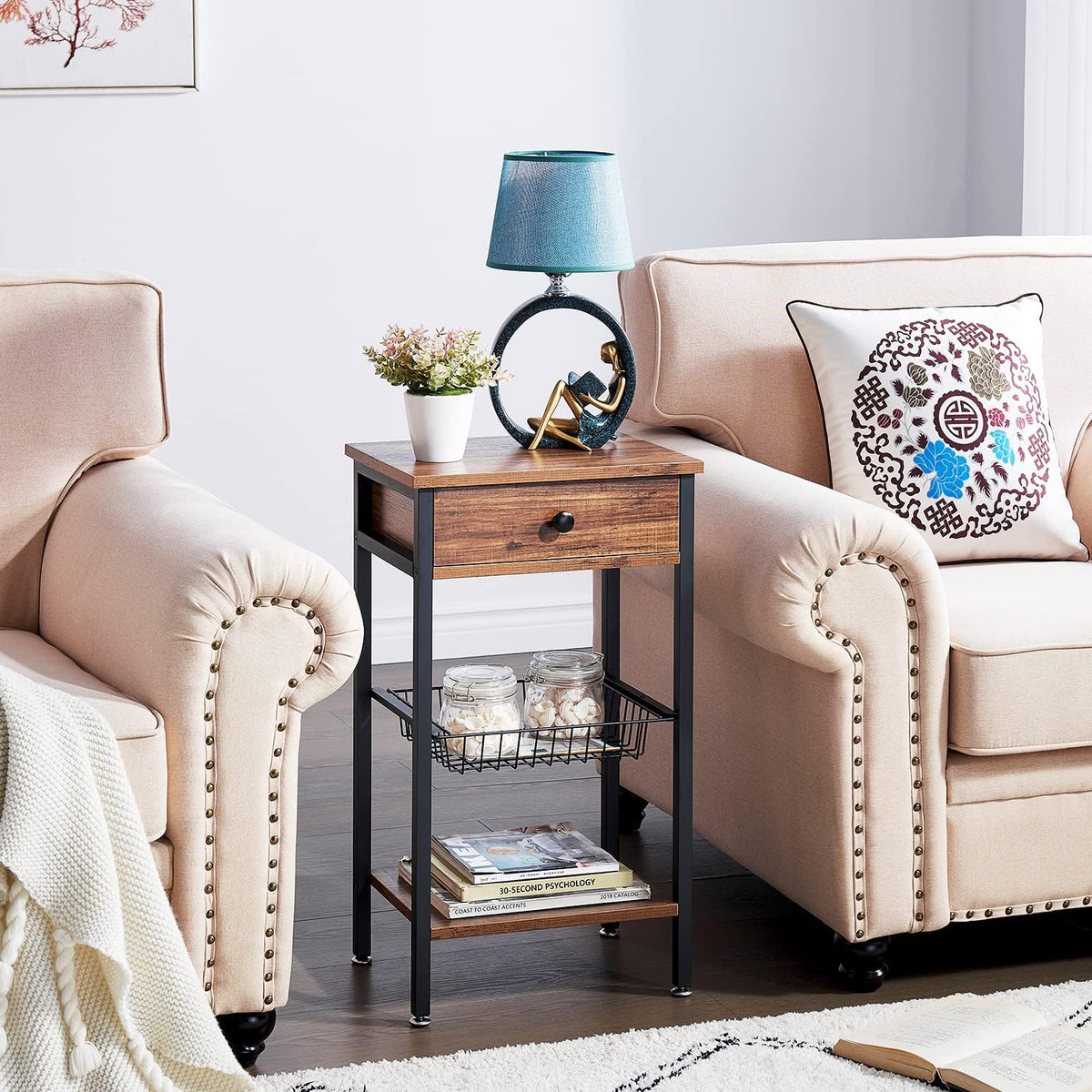 Brown Tall Side Table with Basket O590728