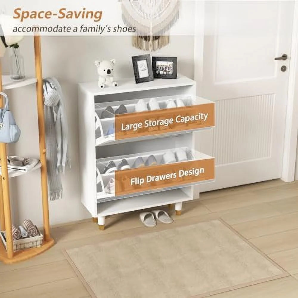 White 2 Flip Drawers Slim Shoe Cabinet A95658