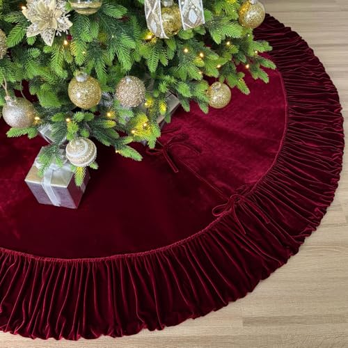 60-Inch Ruffled Velvet Christmas Tree Skirt with Lace-Up Tie Closure, Burgundy J884