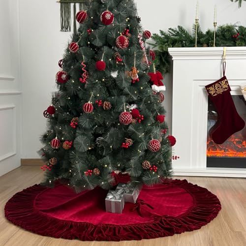60-Inch Ruffled Velvet Christmas Tree Skirt with Lace-Up Tie Closure, Burgundy J884