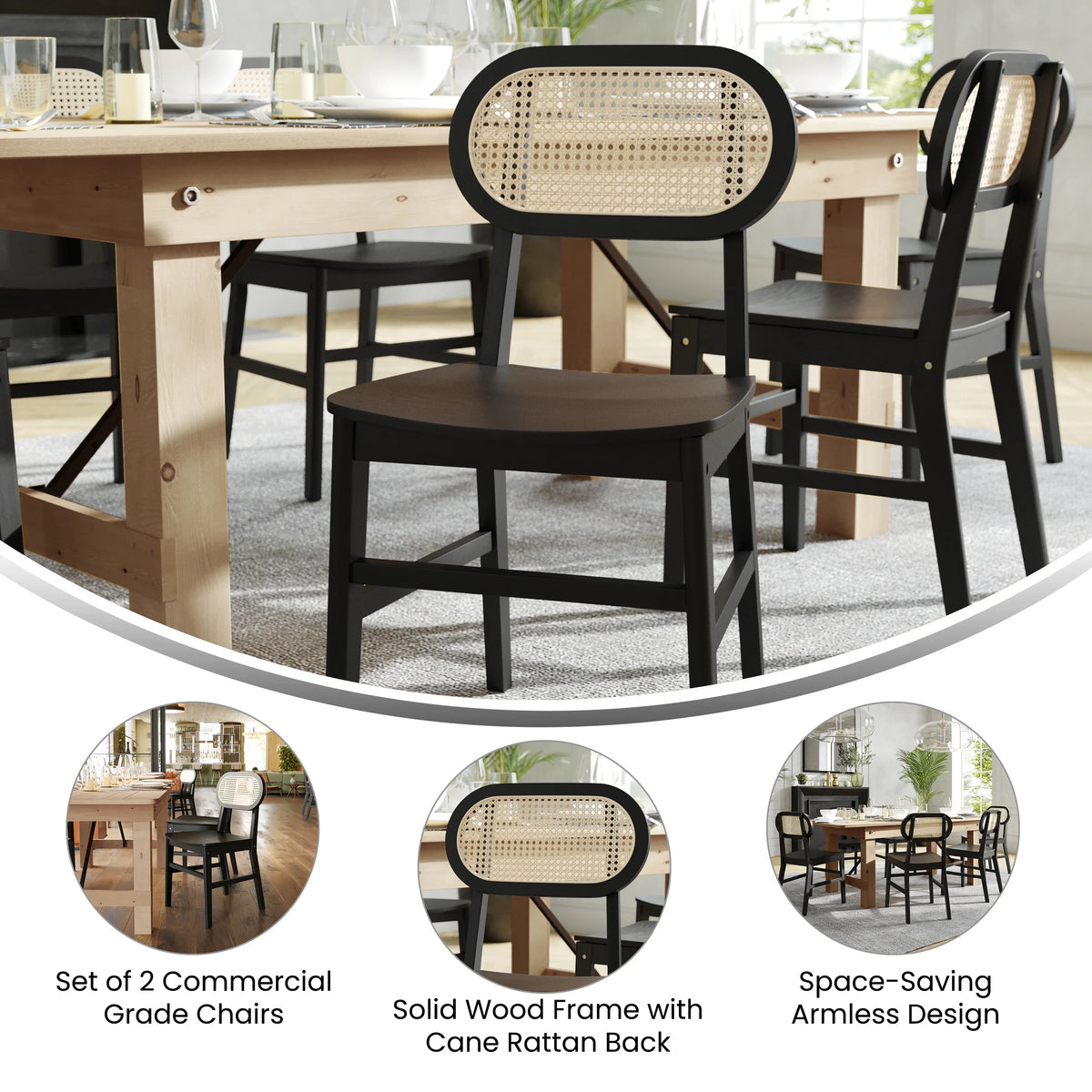 Set of 2 Cane Rattan Dining Chairs with Solid Wood Frames K20007