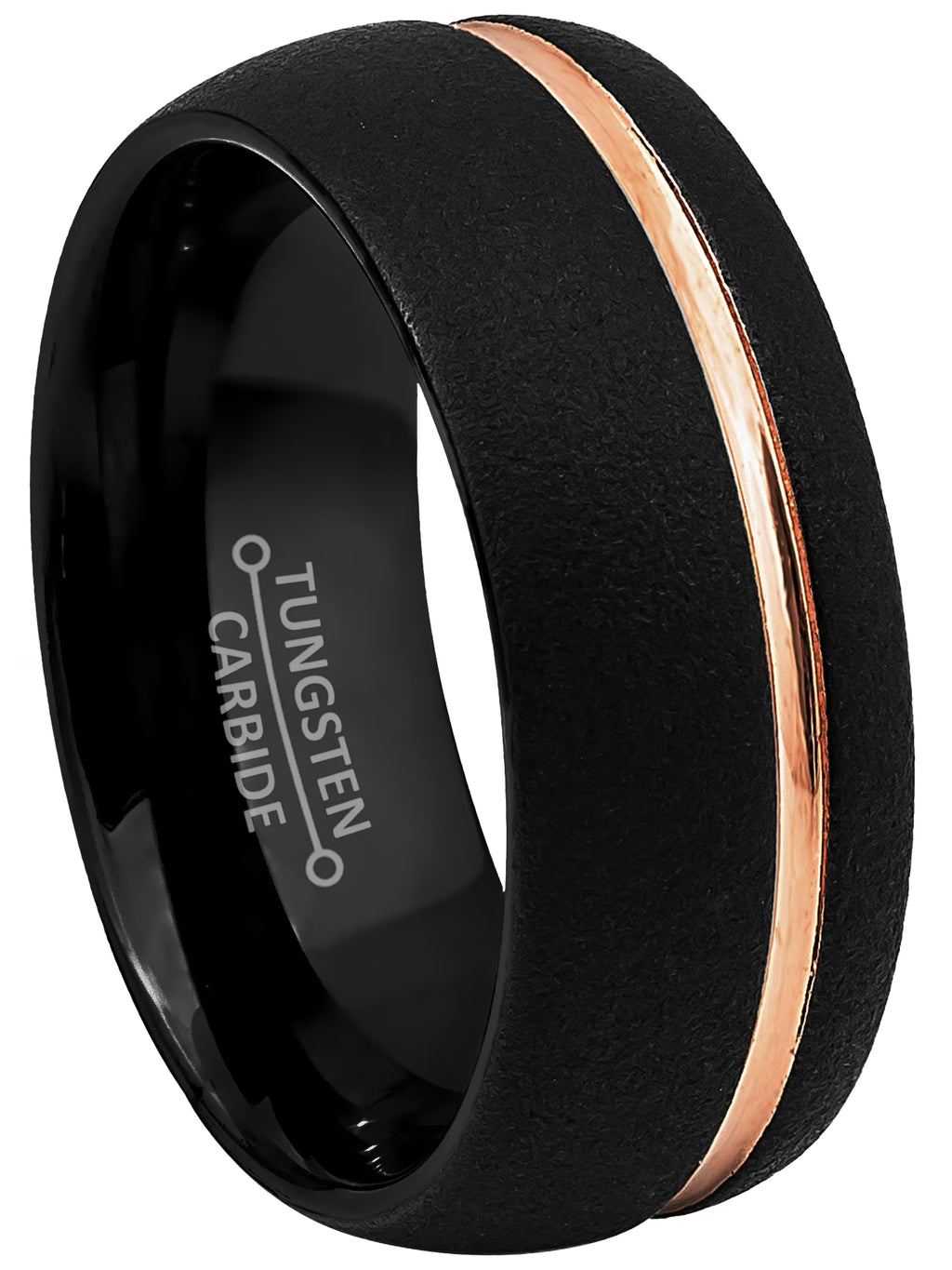 Mens Sandblasted Tungsten Carbide Wedding Band with Rose Gold Grooved Trim G913