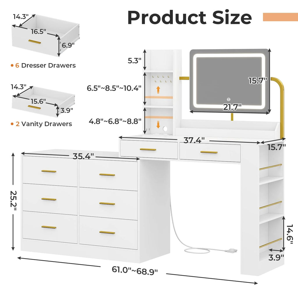 White Vanity Desk with Mirror and Lights and Charging Station A979