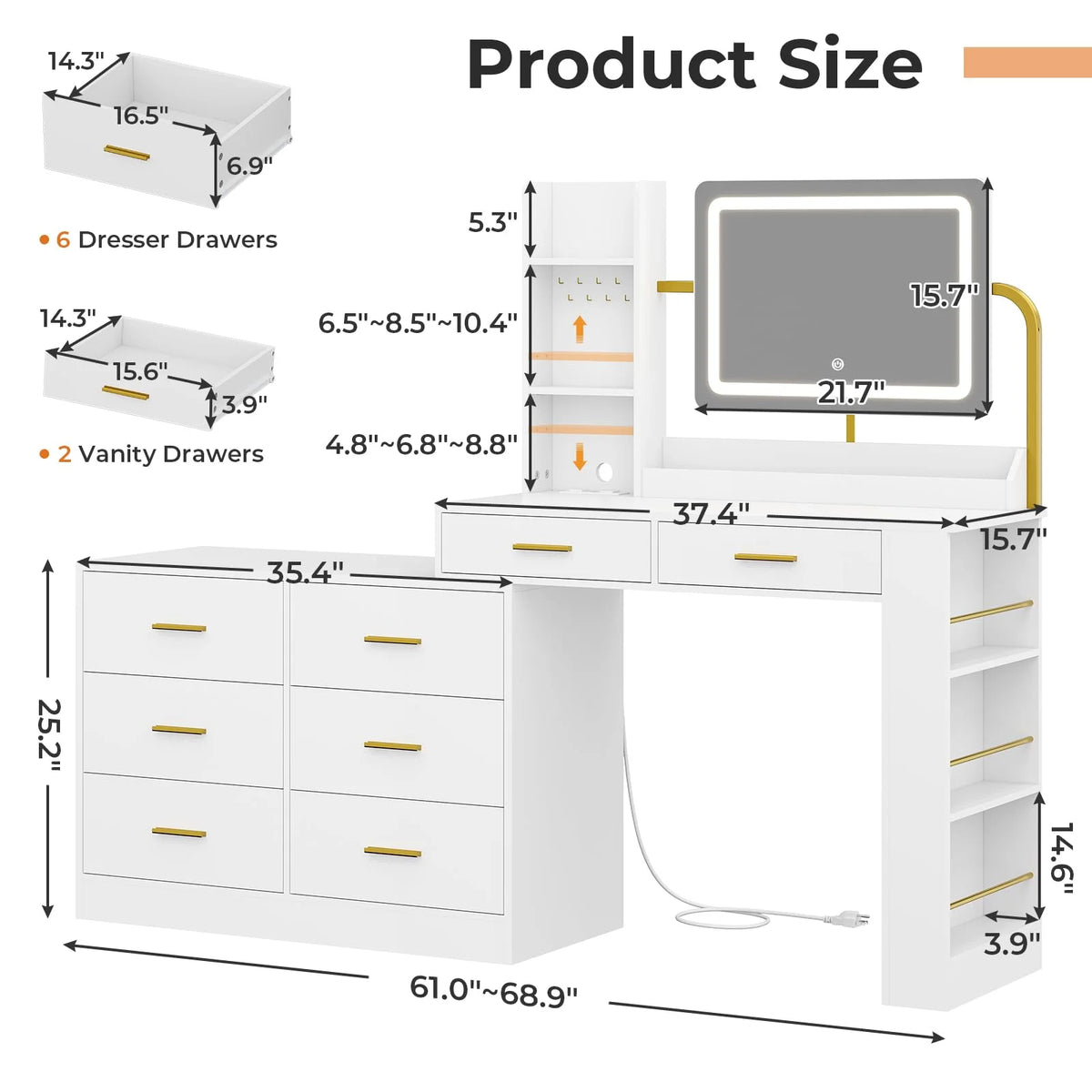 White Vanity Desk with Mirror and Lights and Charging Station A979