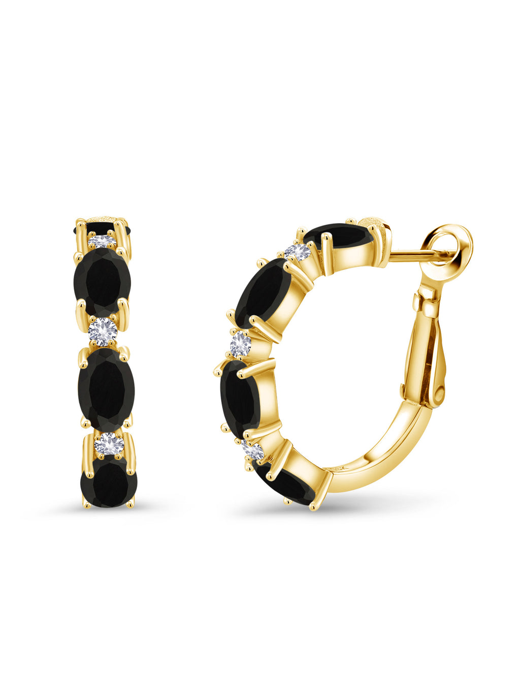 18K Yellow Gold Plated Silver Black Onyx and White Created Sapphire Hoop Earrings D732