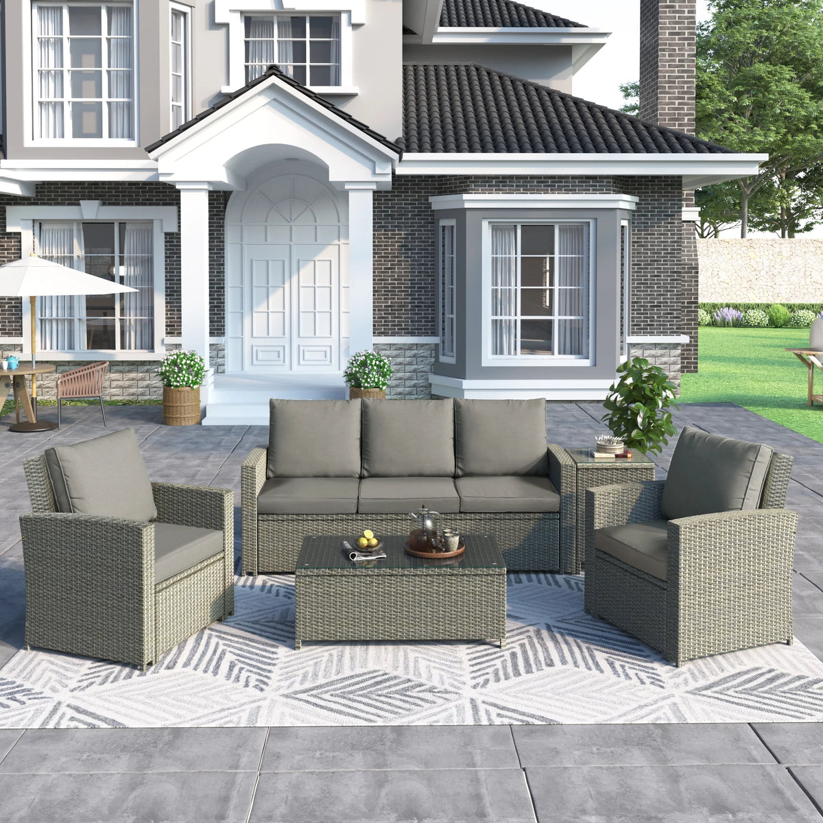 5 Piece Rattan Sectional Seating Group with Cushions and Table F86148