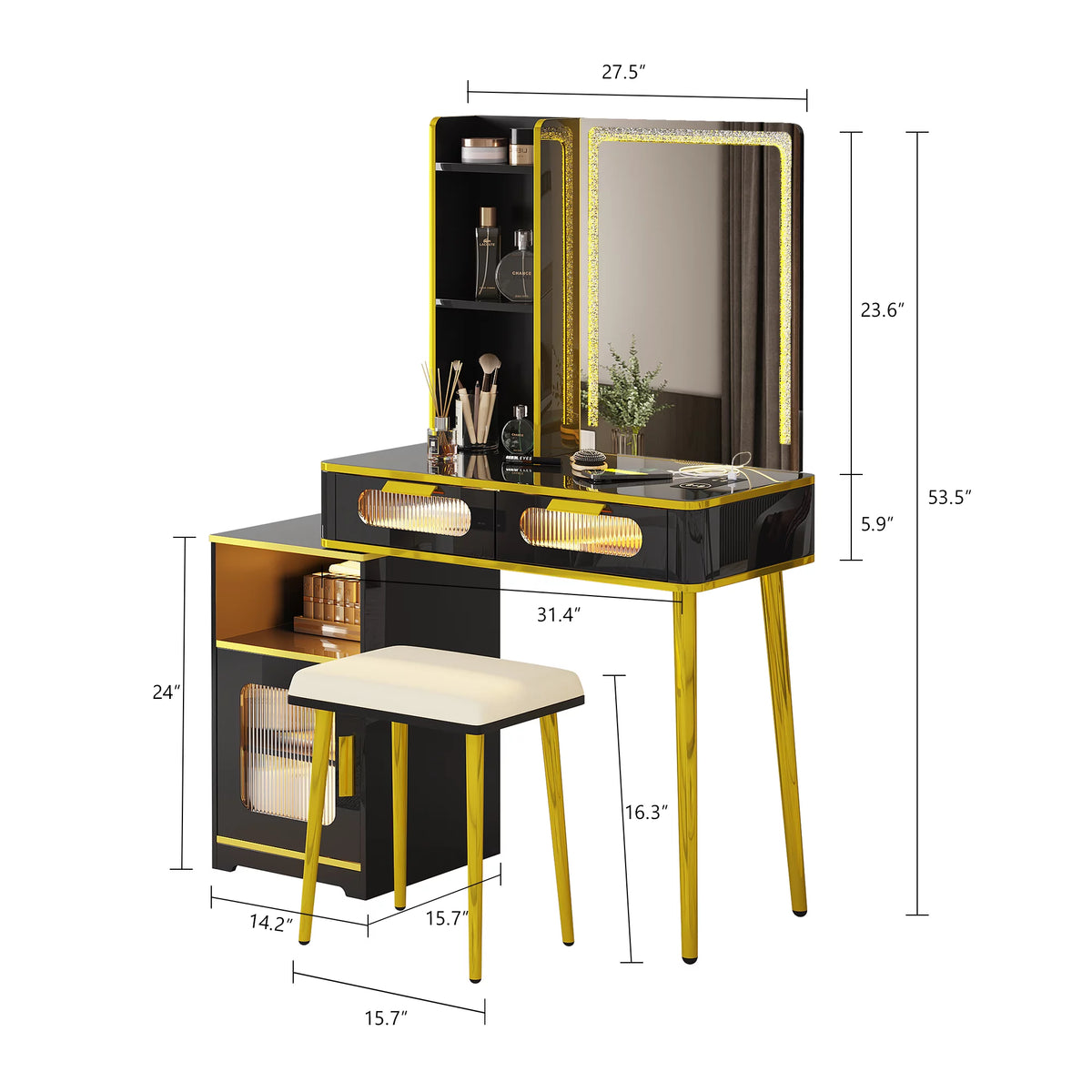 Black Vanity Desk with Mirror and Lights, 2 Drawers, Vanity Stool D10092