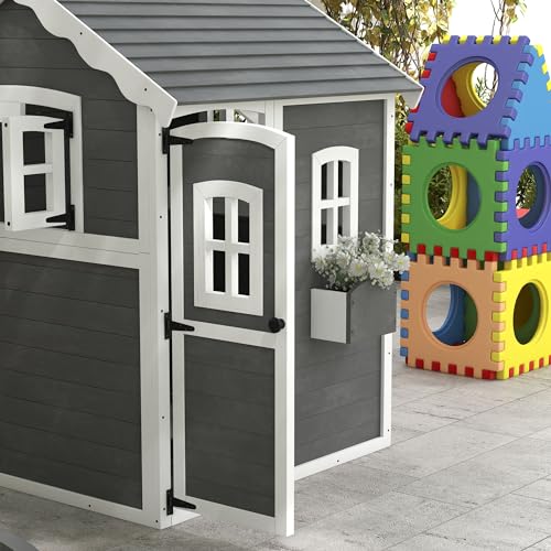 Gray Wooden Playhouse with Floor, Door, Windows & Planter Box L10950