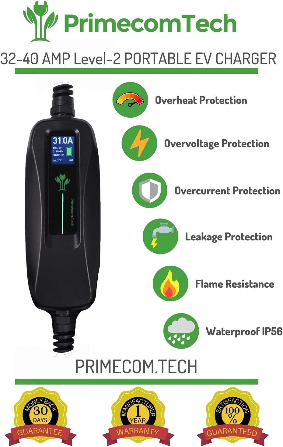 Level 2 Portable Electric Vehicle Charger 220V 240Volt 16Amp 30 Feet I811046