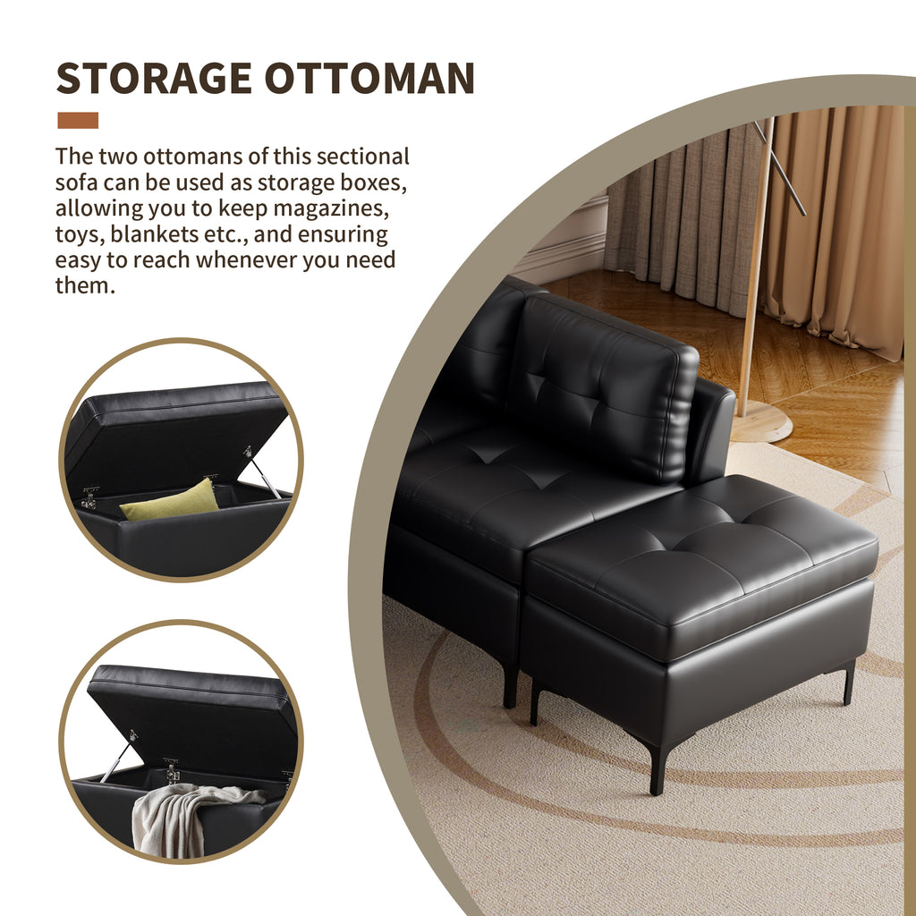 Black PU Leather L-Shaped Corner Sectional Sofa with Movable Storage Ottomans R3152