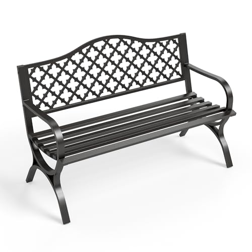 50" Black Cast Iron Outdoor Bench with Floral Backrest R685
