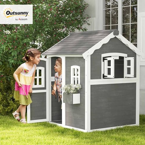 Gray Wooden Playhouse with Floor, Door, Windows & Planter Box L10950
