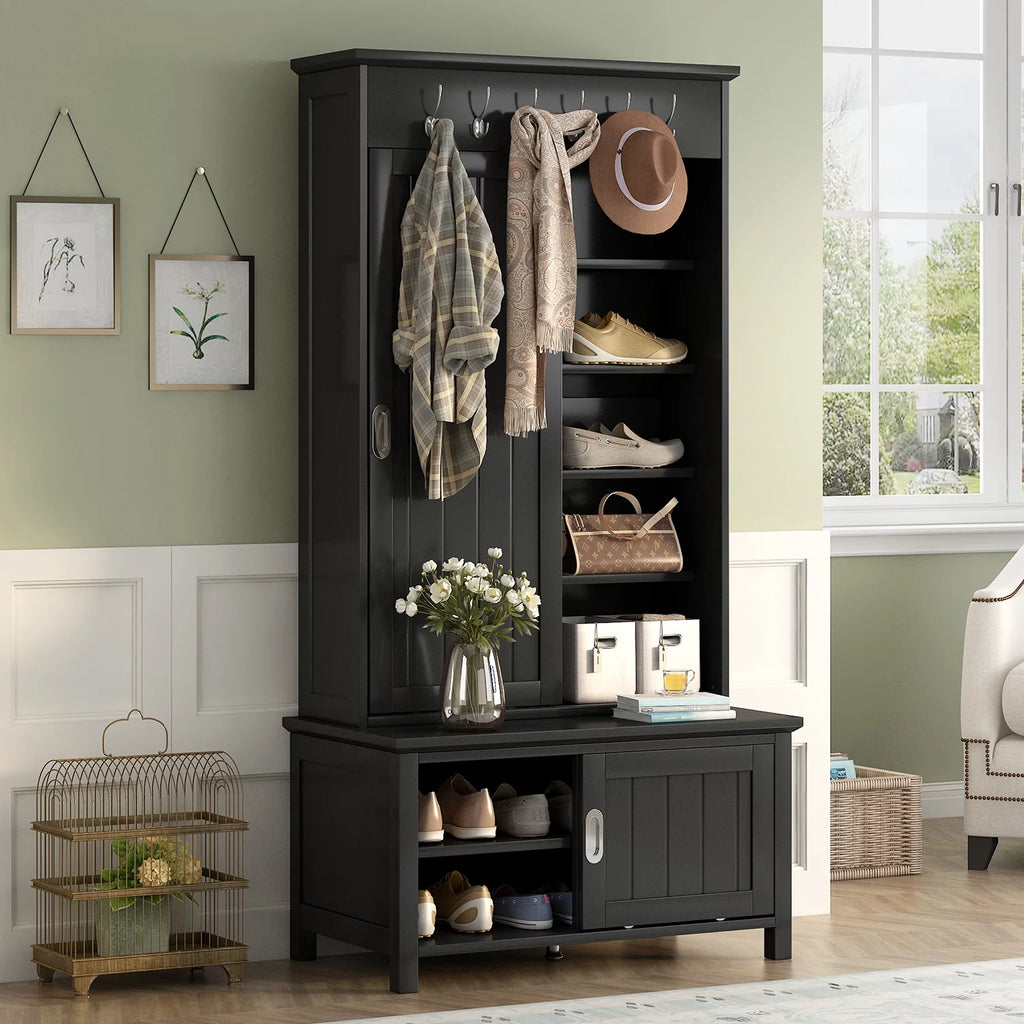 Black Wooden Hall Tree with Bench and Shoe Storage D348132