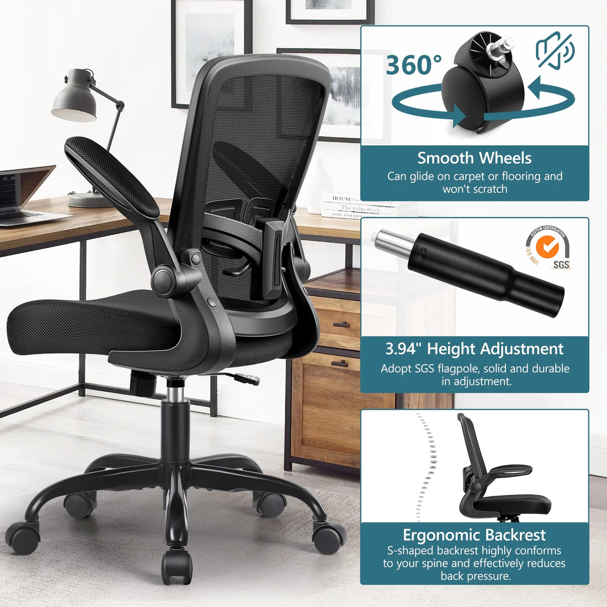 Black Ergonomic Office Chair with Lumbar Support and Flip up Arms F66263