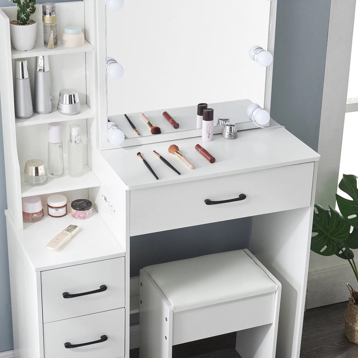 4 Drawer Makeup Vanity Desk with Stool Mirror and Light M755