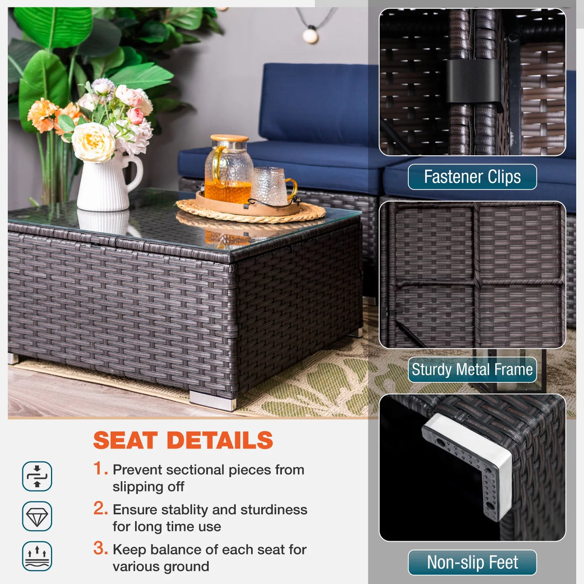 8 PCS Navy Blue Wicker Outdoor Patio Furniture Set with Fire Pit Table R695