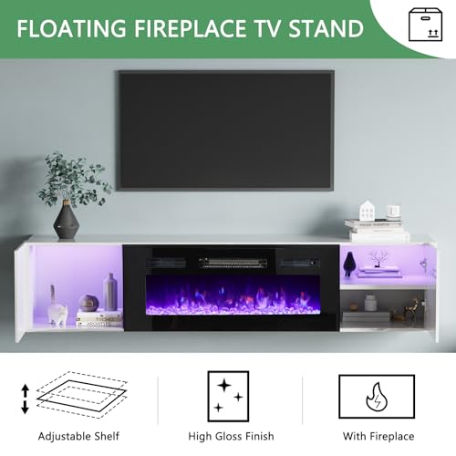 White High Gloss Entertainment Center with LED Lights, 40" Electric Fireplace, 2 Bookcases with Glass Doors P5939