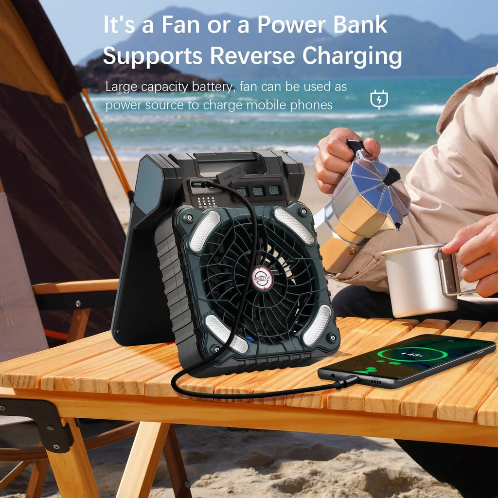 Solar Camping Fan with Solar Panel, LED Light, 4 Speeds, 10000mAh O7353