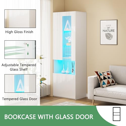 White High Gloss Entertainment Center with LED Lights, 40" Electric Fireplace, 2 Bookcases with Glass Doors P5939