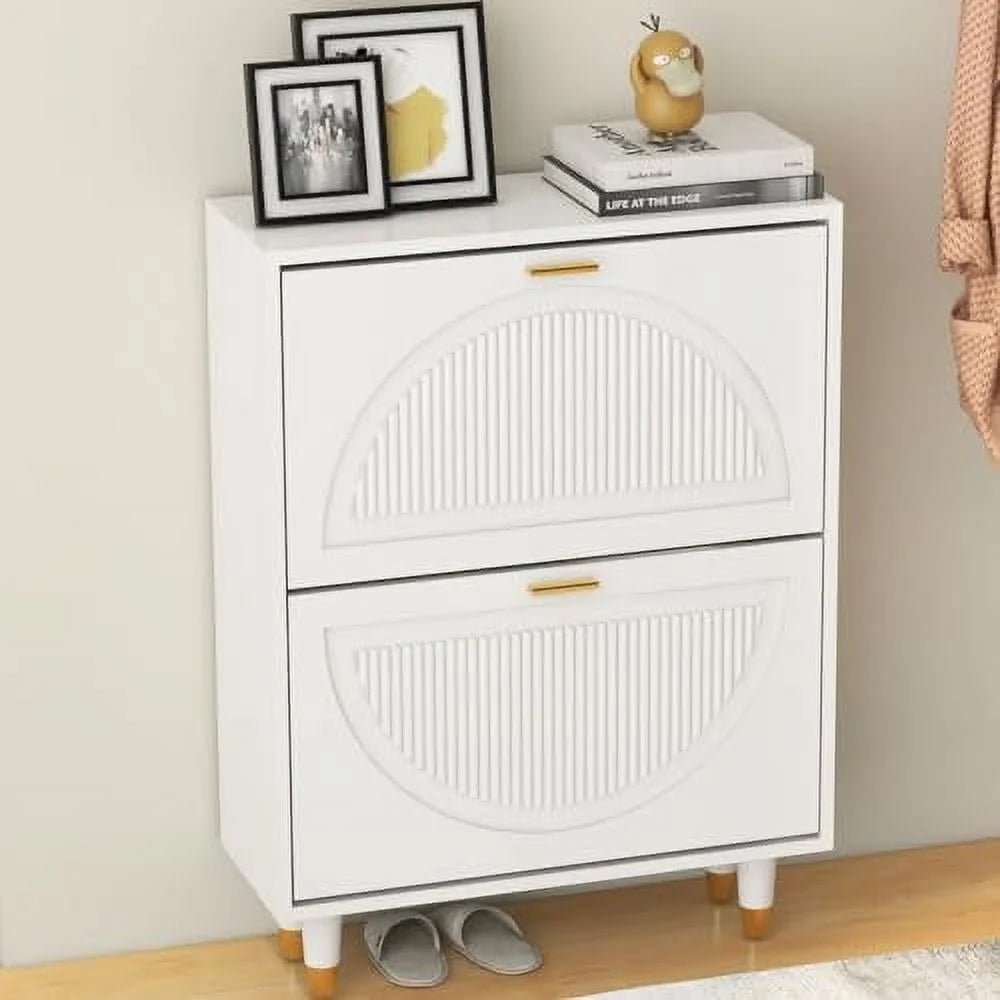 White 2 Flip Drawers Slim Shoe Cabinet A95658