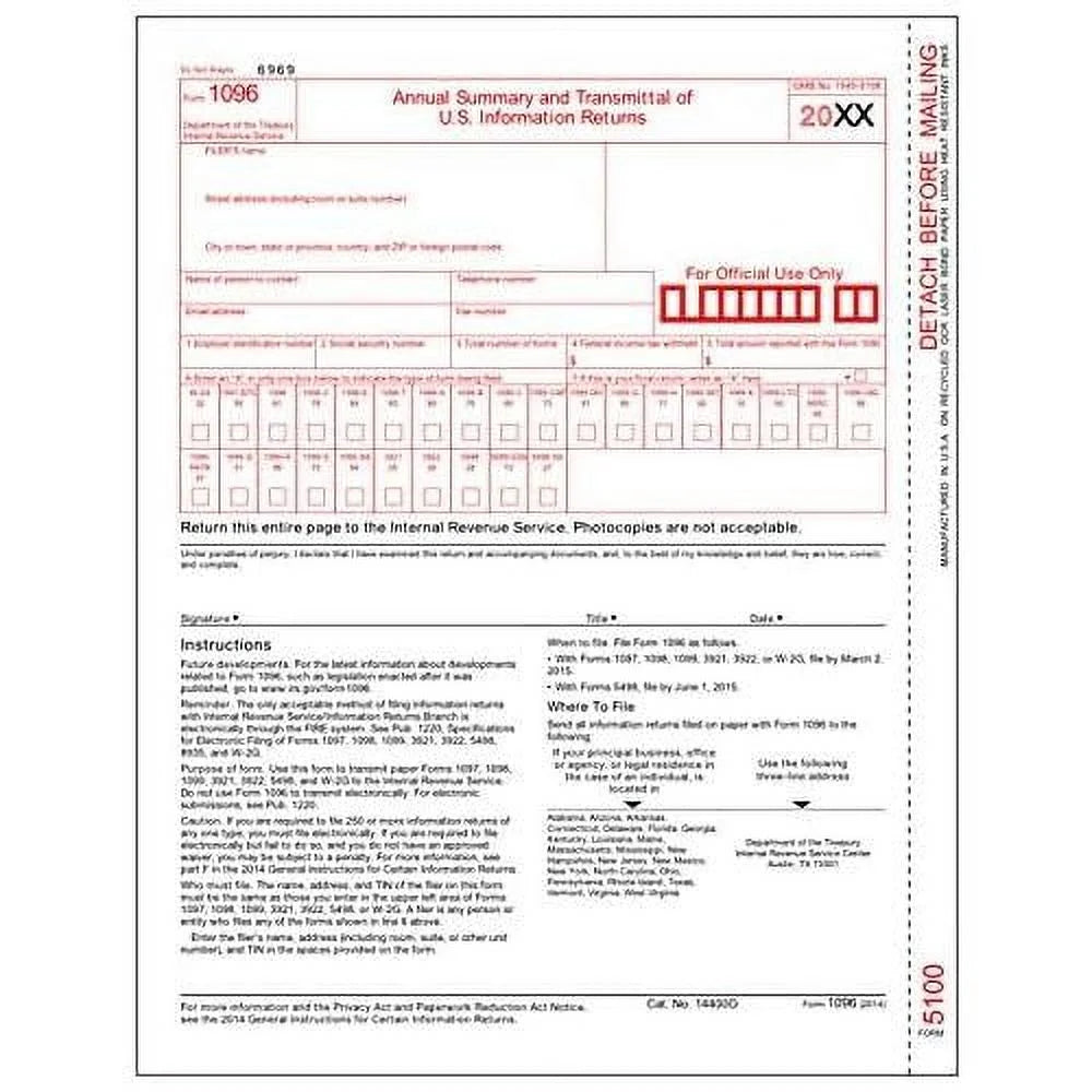 1096 Laser Transmittal/Summary Tax Form (1 Pack) S839824
