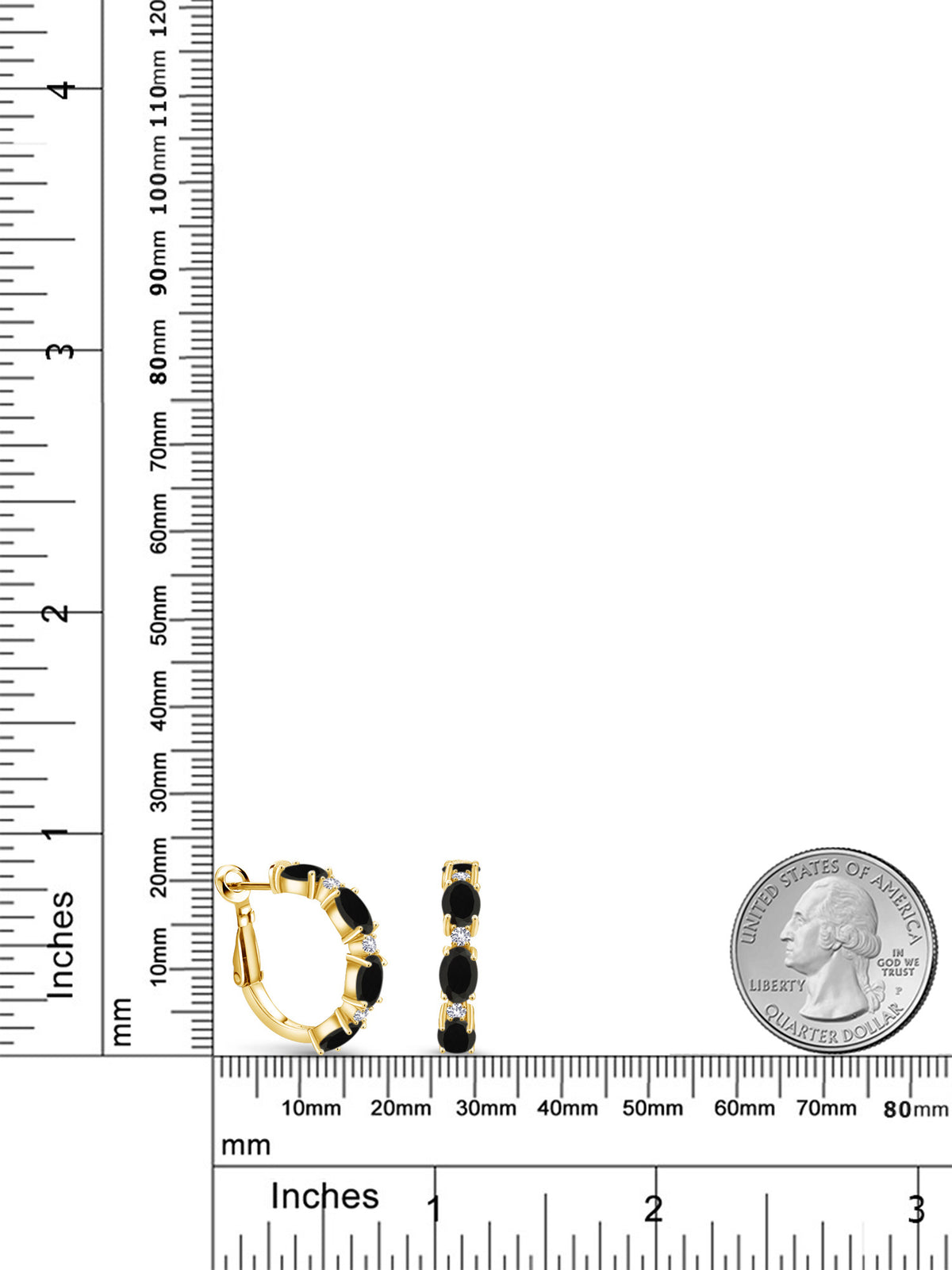 18K Yellow Gold Plated Silver Black Onyx and White Created Sapphire Hoop Earrings D732