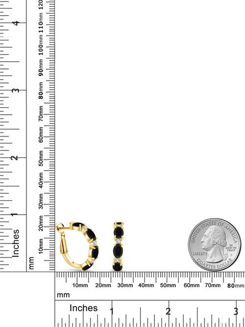 18K Yellow Gold Plated Silver Black Onyx and White Created Sapphire Hoop Earrings D732