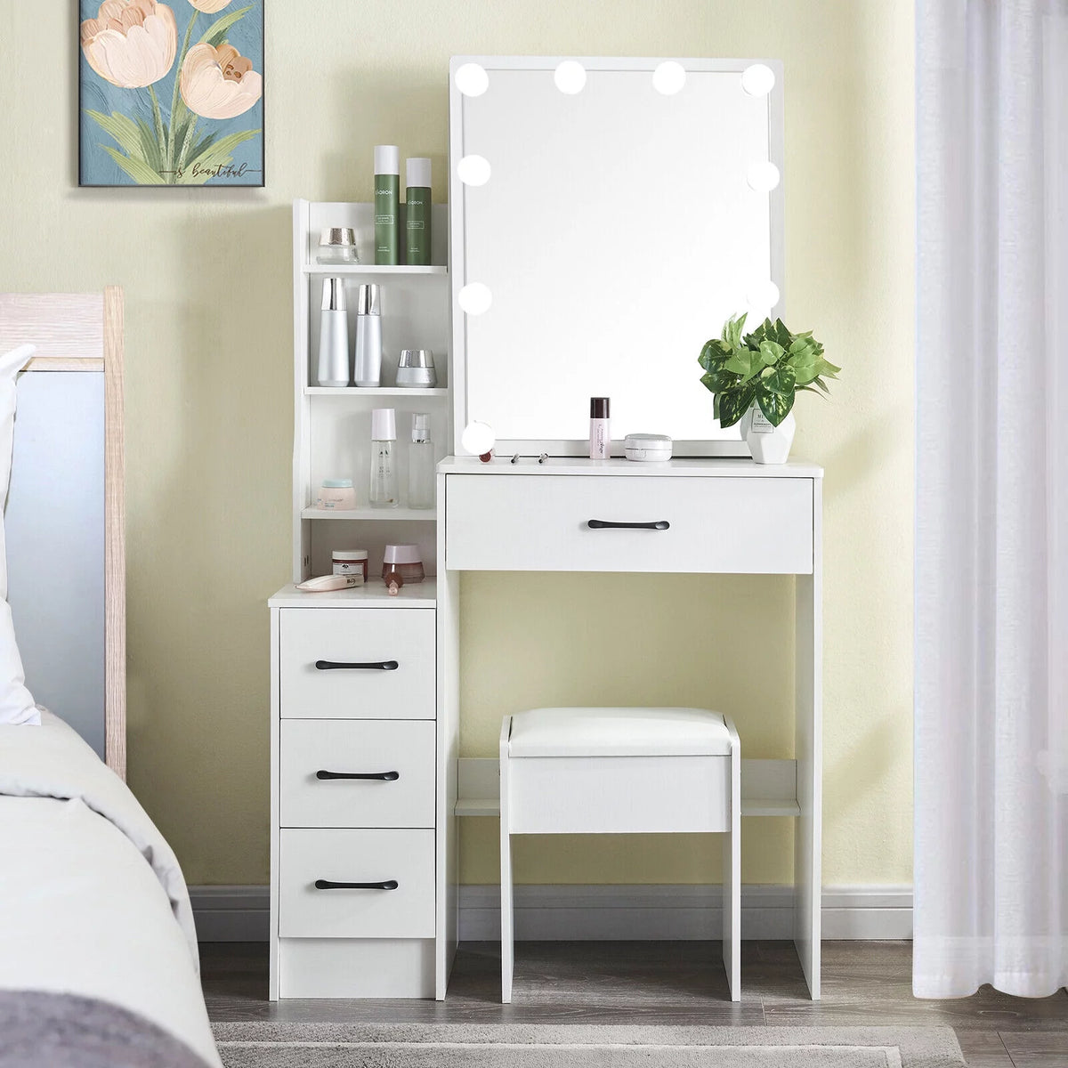 4 Drawer Makeup Vanity Desk with Stool Mirror and Light M755