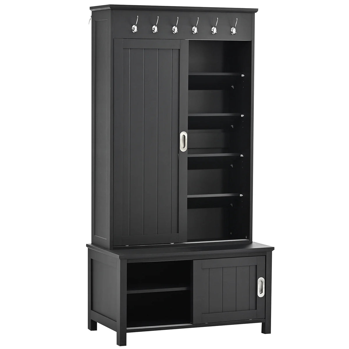 Black Wooden Hall Tree with Bench and Shoe Storage D348132
