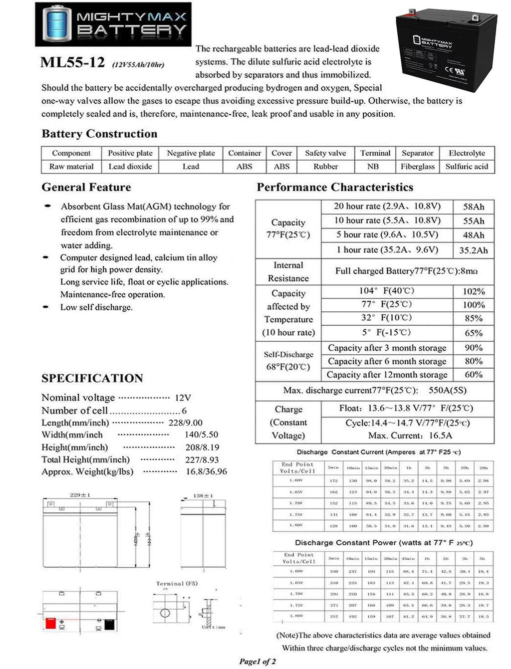 12 Volt 55 AmpH SLA Battery K29674