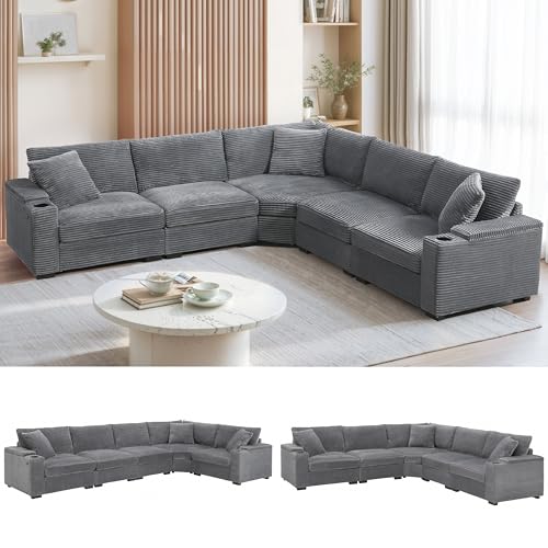 Beige Corduroy Sectional Corner Sofa with Cup Holders I677