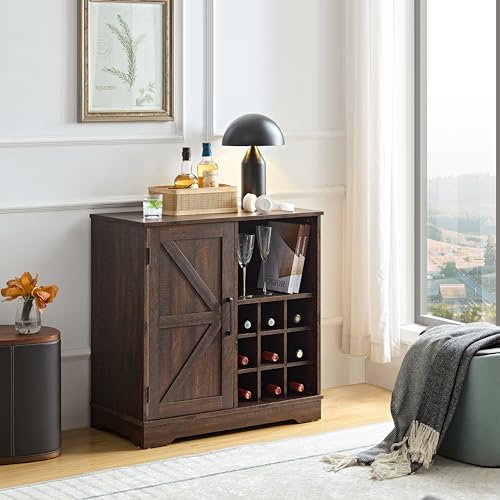 Gray Wash Farmhouse Coffee Bar Cabinet with Wine Rack and Drawer S357