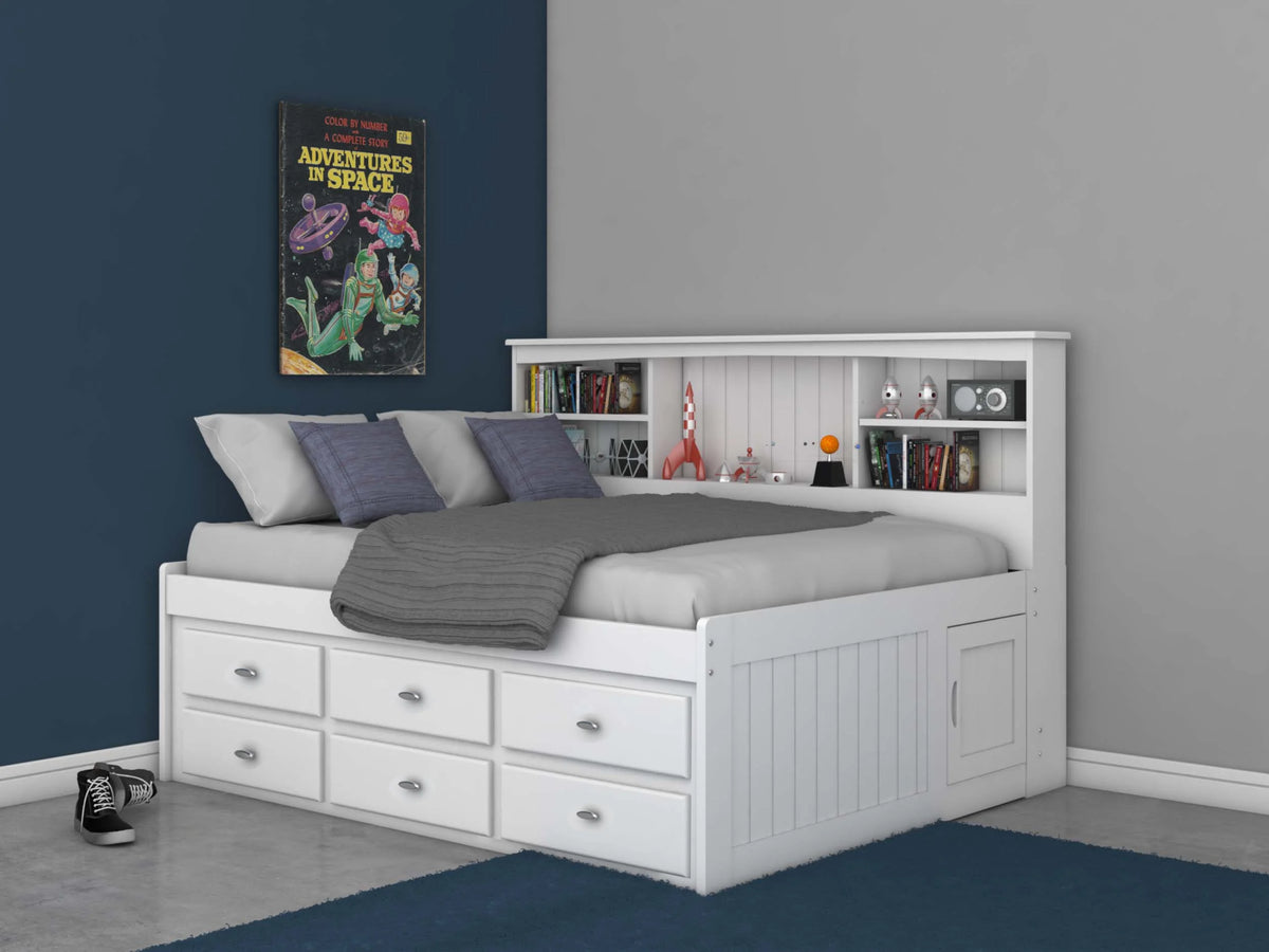 Solid Pine Full Bookcase Daybed with 3 Drawers and Twin Trundle in Casual White G223