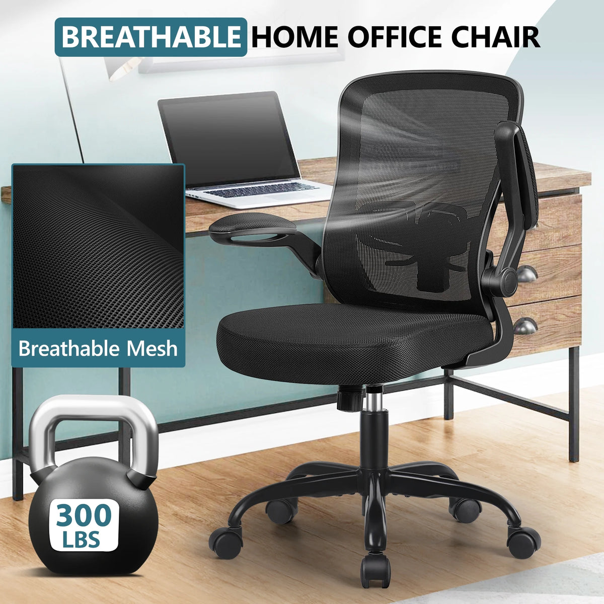 Black Ergonomic Office Chair with Lumbar Support and Flip up Arms F66263