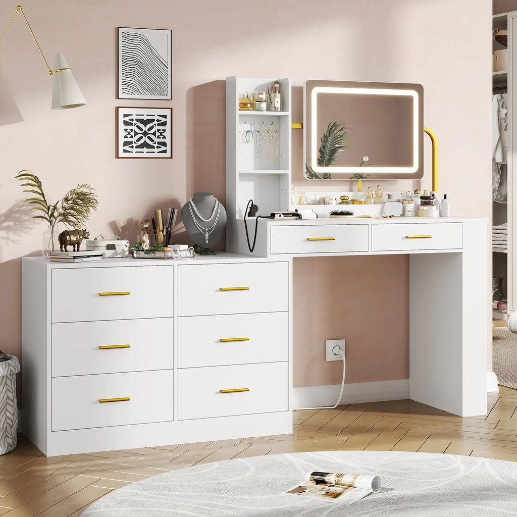 White Vanity Desk with Mirror and Lights and Charging Station A979