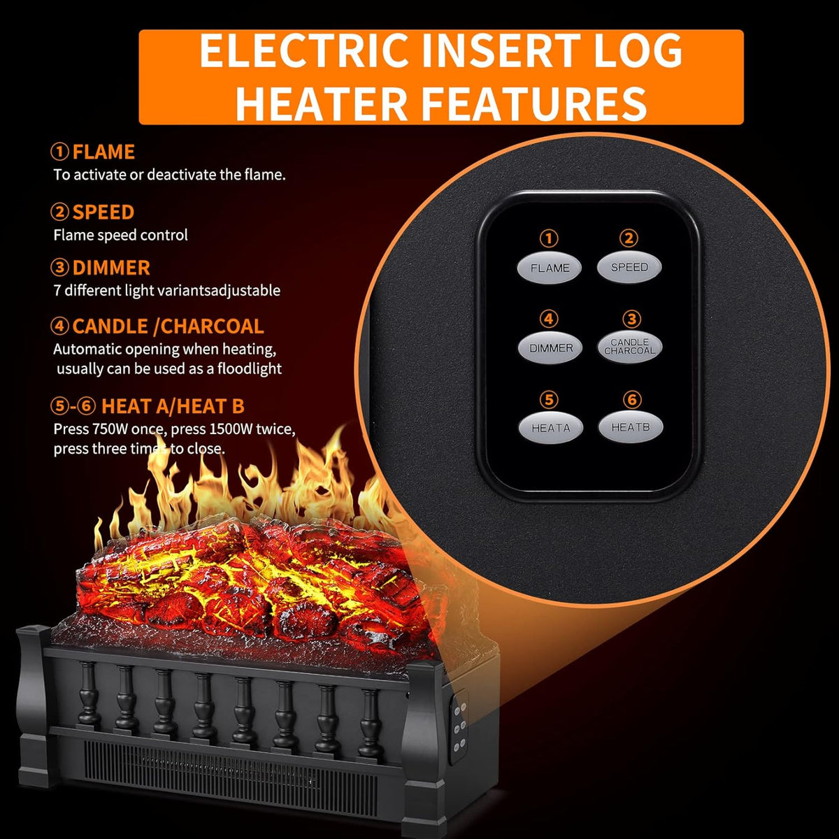 Electric Fireplace Log Heater 21 Inch Infrared Quartz 750W/1500W K46345