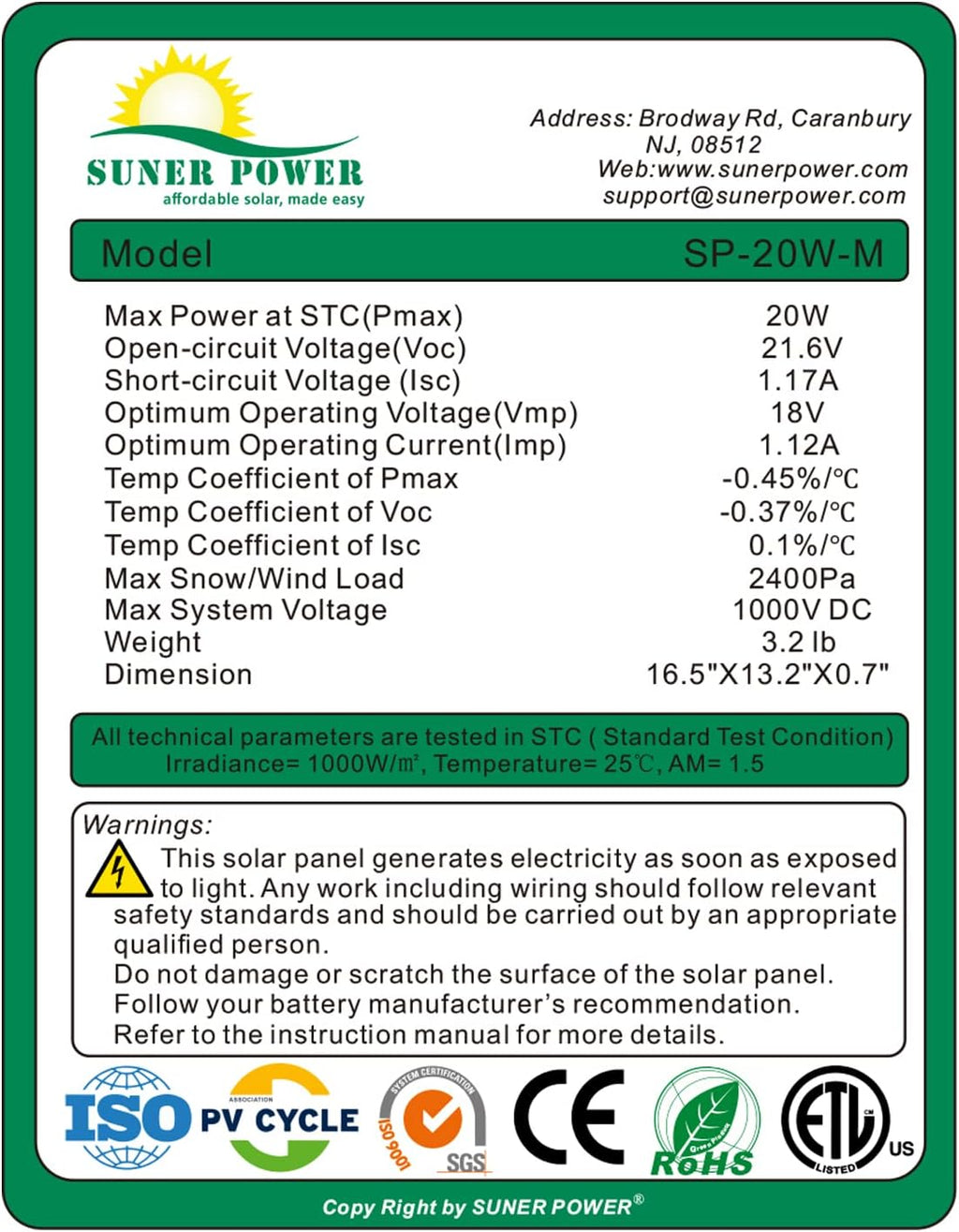 20W Mono Crystalline 12V Solar Panel Kit with 10A Charge Controller, Pack of 2 B4619