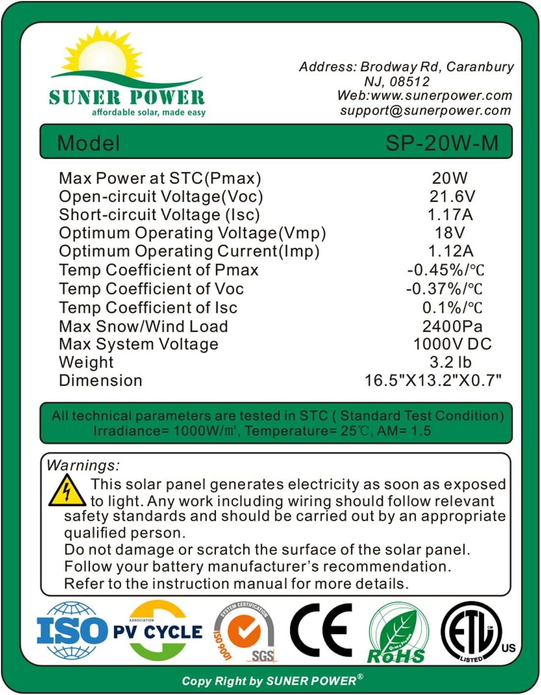 20W Mono Crystalline 12V Solar Panel Kit with 10A Charge Controller, Pack of 2 B4619
