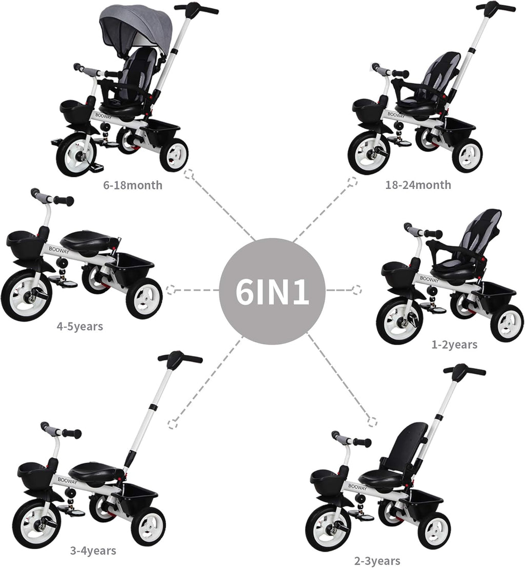 6-in-1 Kids Stroller Tricycle with Adjustable Push Handle, Removable Canopy, Safety Harness H289875