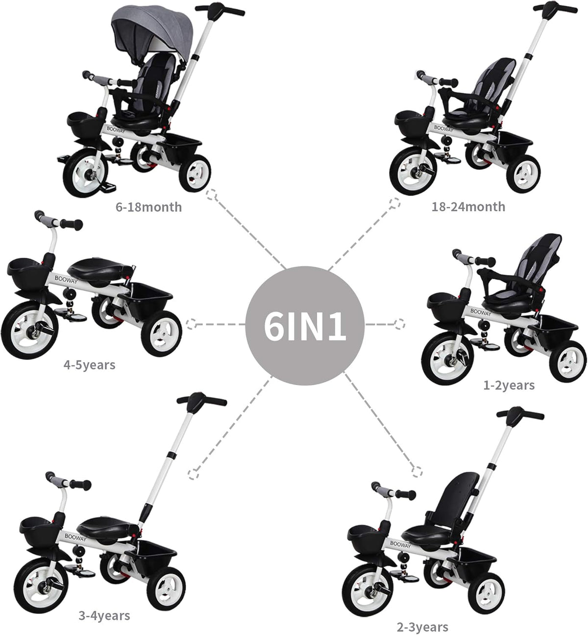 6-in-1 Kids Stroller Tricycle with Adjustable Push Handle, Removable Canopy, Safety Harness H289875