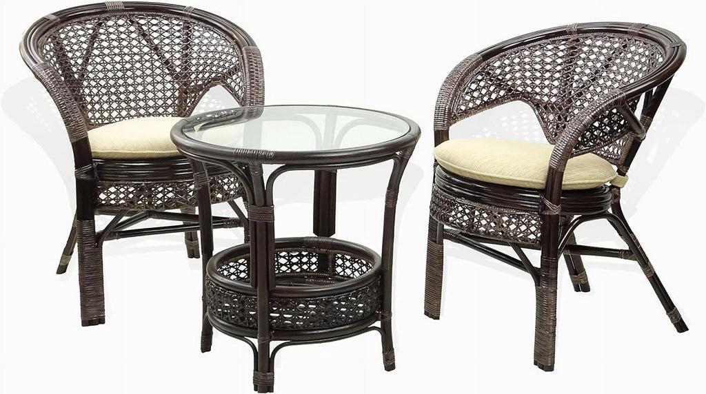 Natural Rattan Round Coffee Table with Glass Top Dark Brown I404140