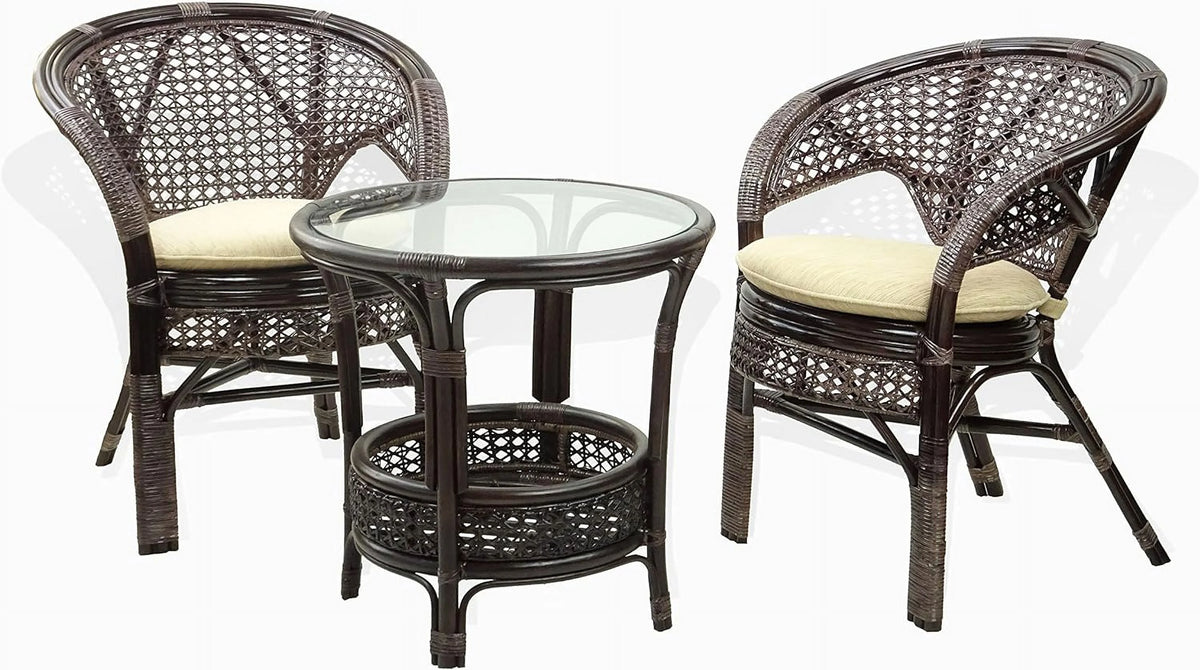 Natural Rattan Round Coffee Table with Glass Top Dark Brown I404140