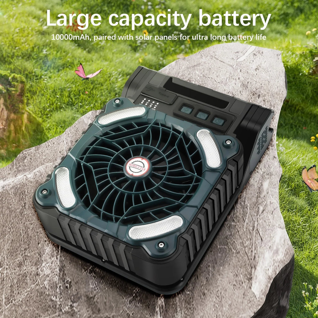 Solar Camping Fan with Solar Panel, LED Light, 4 Speeds, 10000mAh O7353
