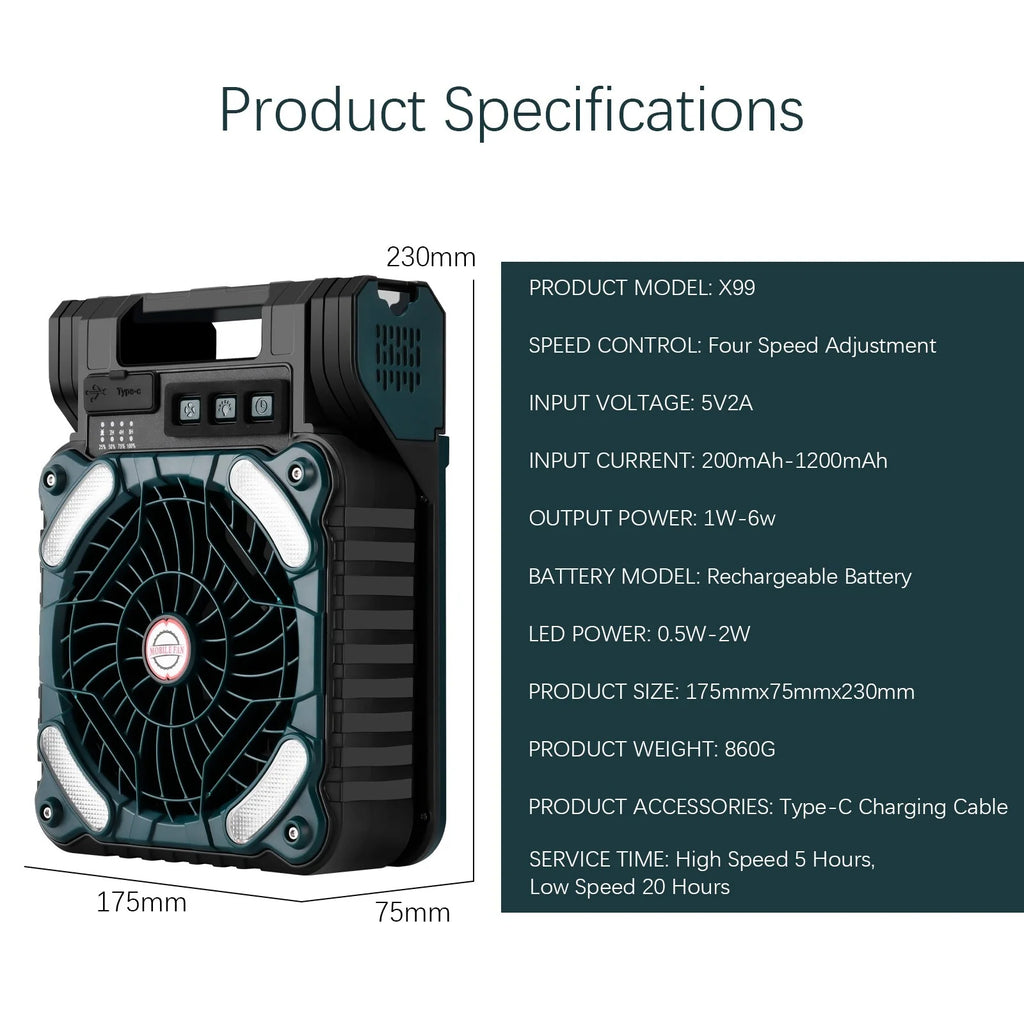 Solar Camping Fan with Solar Panel, LED Light, 4 Speeds, 10000mAh O7353