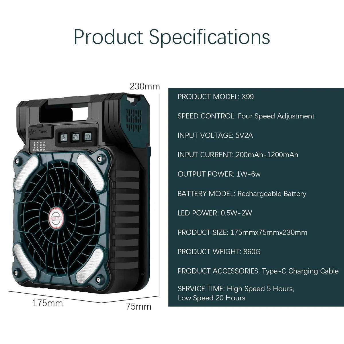Solar Camping Fan with Solar Panel, LED Light, 4 Speeds, 10000mAh O7353