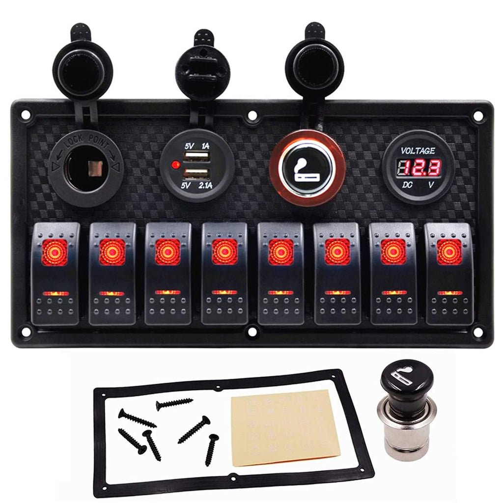 8 Gang Green LED Aluminum Marine Switch Panel with USB Charger and Voltmeter, Pack of 2 G6776