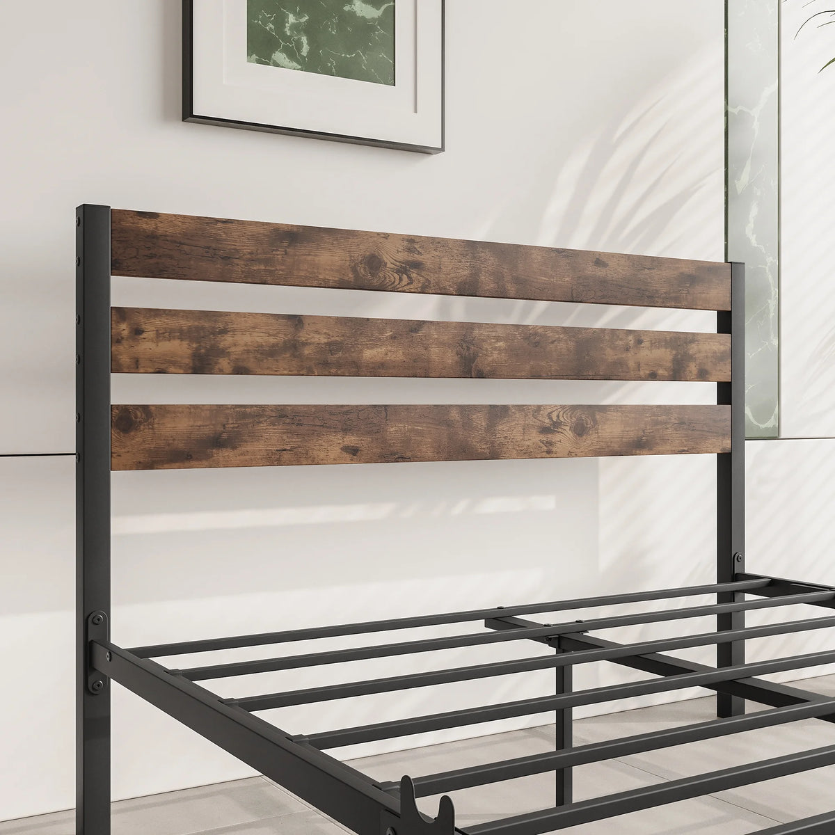 Full Size Platform Bed Frame with Wood Headboard and Metal Slats, Rustic Brown V880193
