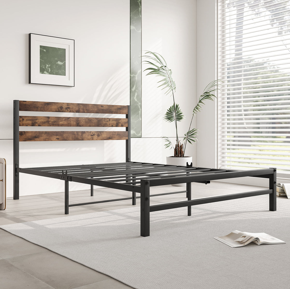 Full Size Platform Bed Frame with Wood Headboard and Metal Slats, Rustic Brown V880193