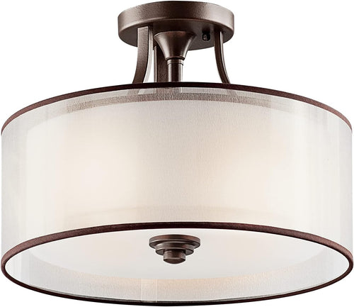 15 3 Light Semi Flush with Satin Etched Cased Opal Inner Diffusers and Light Umber Translucent Organza Outer Shade in Mission Bronze D3910